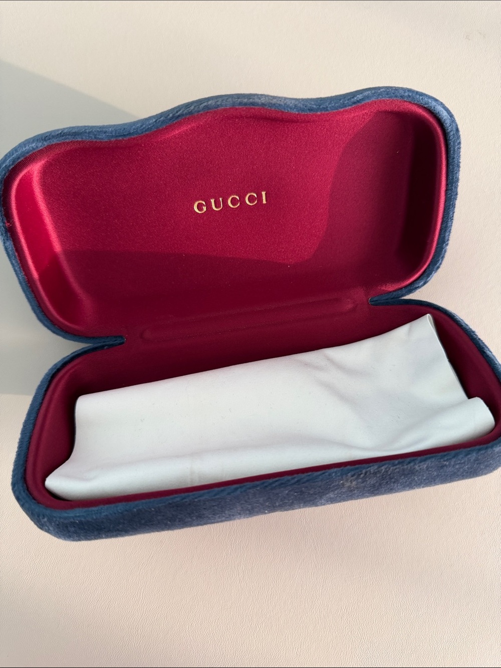 Gucci Velvet Eyewear Case in Blue Exterior and Burgundy Interior with Gold Logo